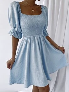 Swiss Dot Shirred Bust Dress - Baby Blue - View 5