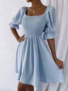 Swiss Dot Shirred Bust Dress - Baby Blue - View 6