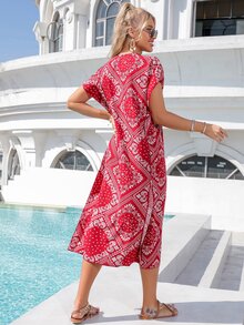 SHEIN VCAY Paisley Print Split Thigh Dress - Red and White - View 2