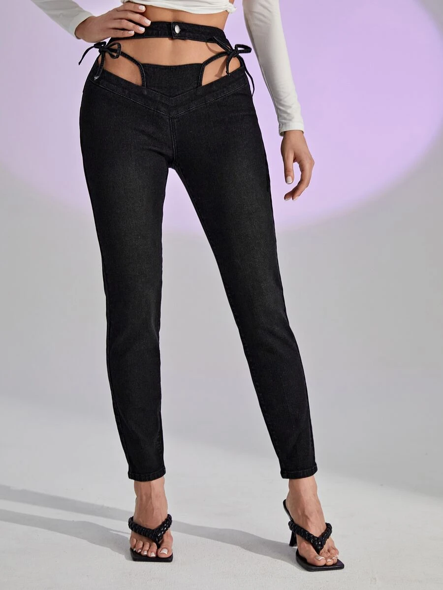 SHEIN 高腰側繫帶緊身牛仔褲 - 黑色 - 查看 1