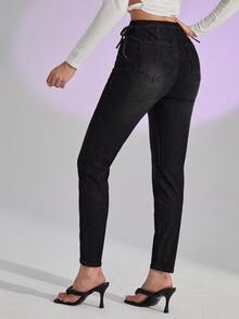 SHEIN 高腰側繫帶緊身牛仔褲 - 黑色 - 查看 2