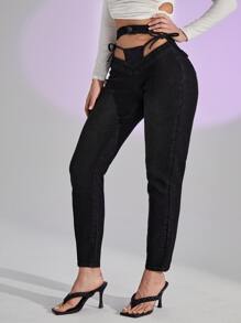 SHEIN 高腰側繫帶緊身牛仔褲 - 黑色 - 查看 4