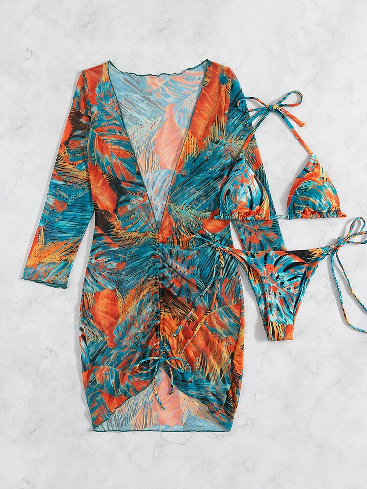 SHEIN Swim 夏日海灘全身印花微三角遮蓋比基尼 - 綠色 - 查看 4