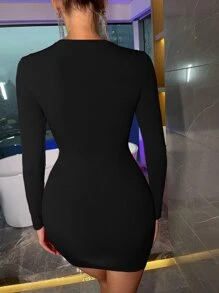 SHEIN BAE Solid Peekaboo Front Bodycon Dress - Black - View 2
