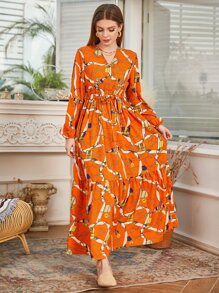 Mulvari Đầm Thắt lưng Viên lá sen Tất cả trên in Boho - trái cam - Xem 1