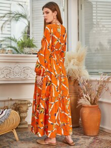 Mulvari Đầm Thắt lưng Viên lá sen Tất cả trên in Boho - trái cam - Xem 2