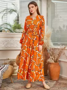 Mulvari Đầm Thắt lưng Viên lá sen Tất cả trên in Boho - trái cam - Xem 3