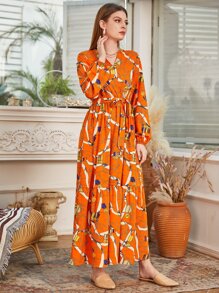 Mulvari Đầm Thắt lưng Viên lá sen Tất cả trên in Boho - trái cam - Xem 4