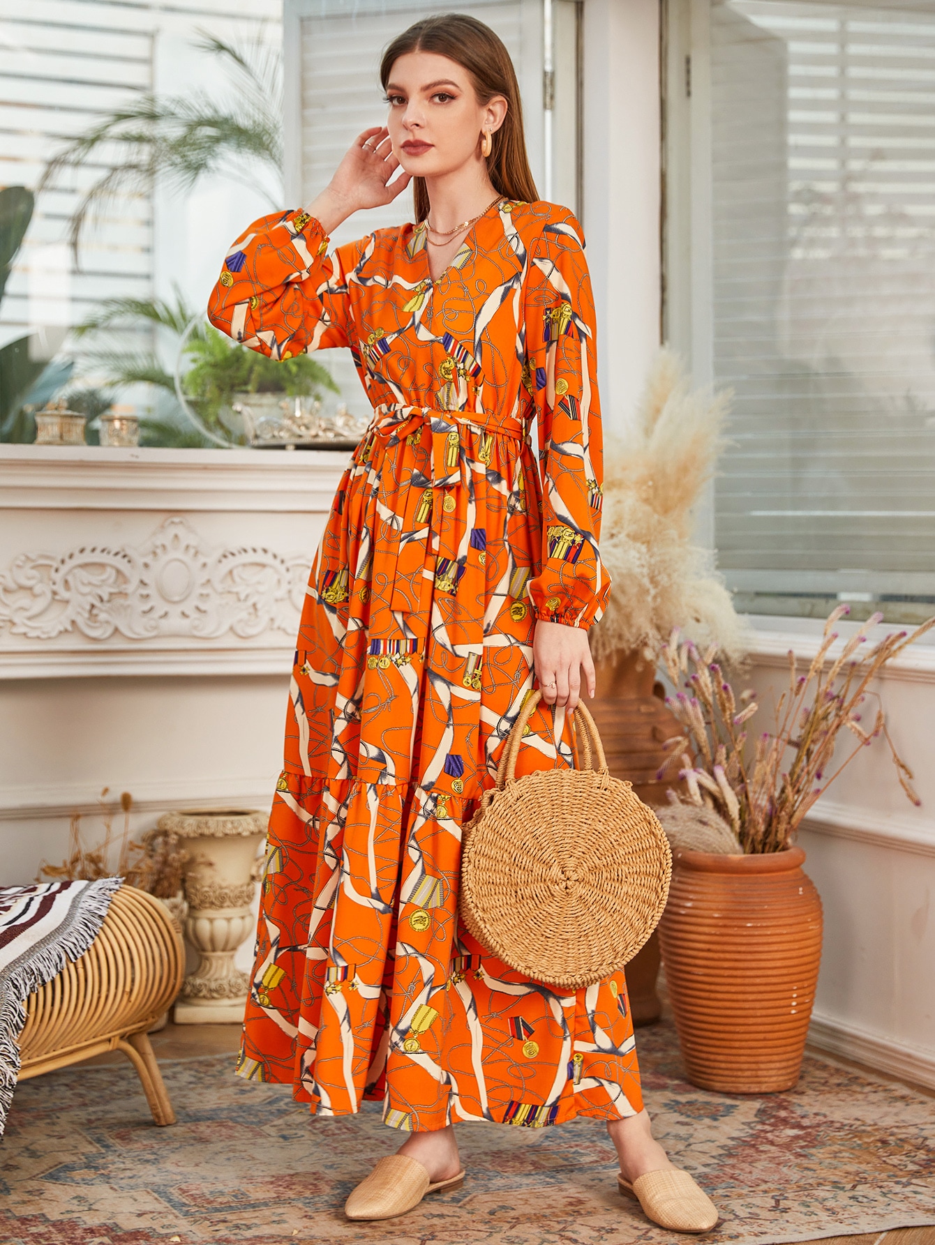 SHEIN Mulvari Strap Print Lantern Sleeve Belted Dress SHEIN UK