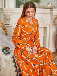 Mulvari Đầm Thắt lưng Viên lá sen Tất cả trên in Boho - trái cam - Xem 6