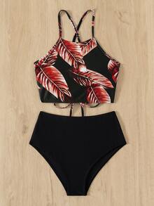 Bikini con cordón estampado tropical, para vacaciones de verano en la playa - Multicolor - Ver 3