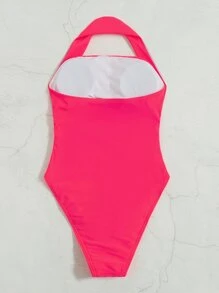 Cut Out Ruched Halter One Piece Swimsuit, For Summer Beach Vacation - Watermelon Pink - View 3