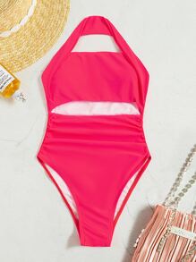 Cut Out Ruched Halter One Piece Swimsuit, For Summer Beach Vacation - Watermelon Pink - View 4