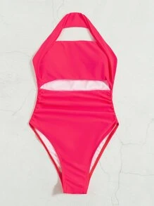 Cut Out Ruched Halter One Piece Swimsuit, For Summer Beach Vacation - Watermelon Pink - View 6