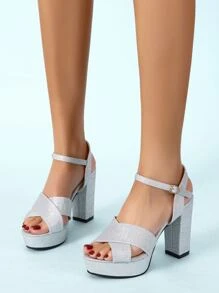 女士交叉帶防水台粗跟踝帶魅力四射宴會金屬亮絲高跟涼鞋 - 銀色 - 查看 2