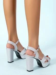 女士交叉帶防水台粗跟踝帶魅力四射宴會金屬亮絲高跟涼鞋 - 銀色 - 查看 4