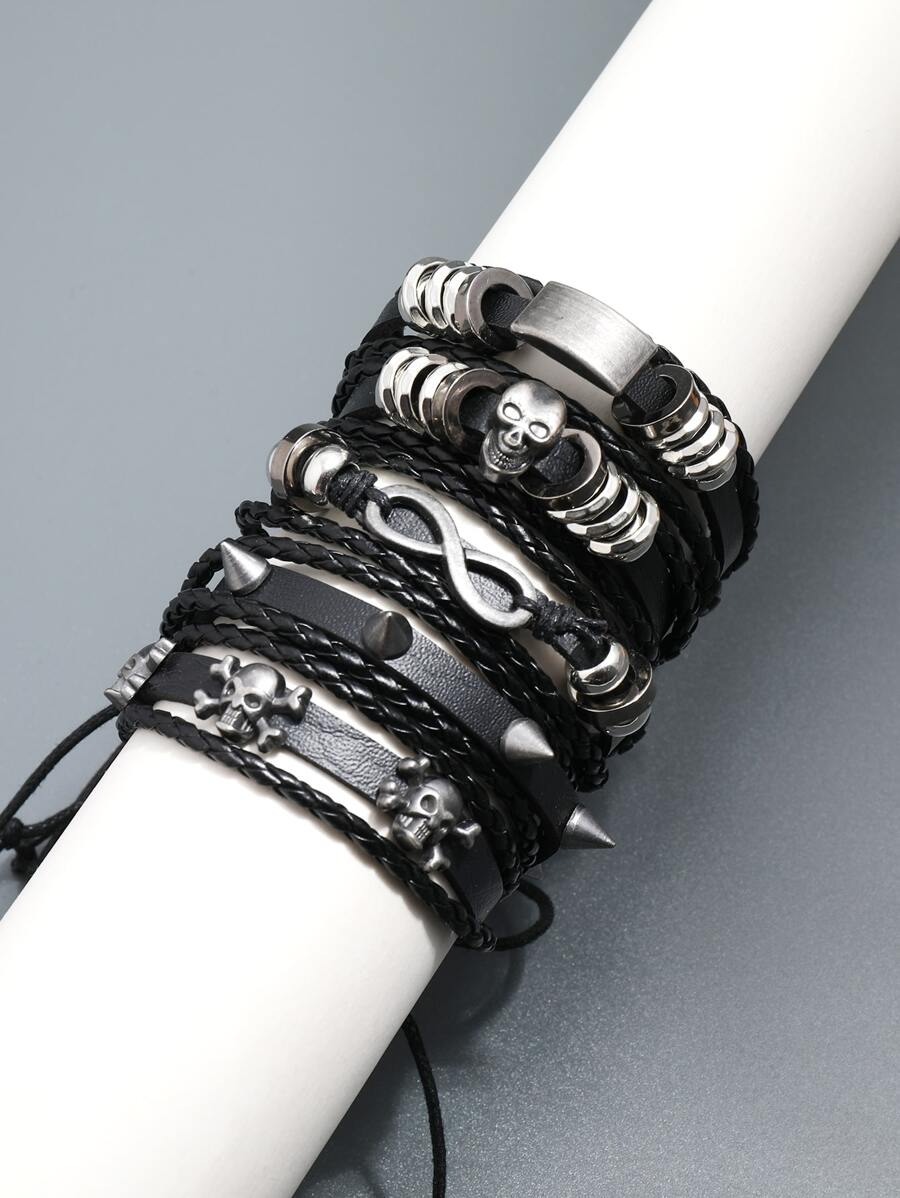 Thời trang và phổ biến 5 chiếc Vòng tay nam trang trí hình đầu lâu PU cho kỳ nghỉ và cho vẻ ngoài sành điệu - màu đen - Xem 1