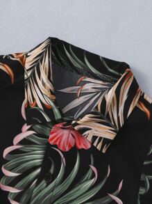 SHEIN 2 件套男童热带印花衬衫和配套印花休闲短裤套装，春夏儿童夏威夷服装男童夏威夷服装儿童热带衬衫