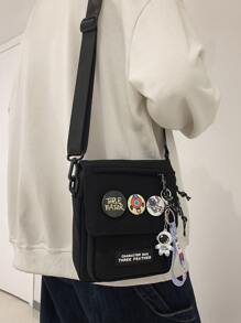 High School Students University Freshman Multifunctional Sling Bag Shoulder Bag Casual Bag Mini Men Cartoon Badge Decor Crossbody Bag, Handbag Schoolbag For Travel, College, Outdoors Commute Stylish Portable Sling Bag For Man Bag Cross Body Bag Side Bag School Supplies Fall Messenger Bag For Man Cylinder Bag Old Money Halloween Christmas Gifts For Men Scream Men Bag For Men Winter - Black - View 2