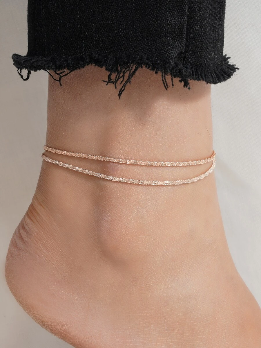 1pc Minimalist Elegant Versatile Shimmering Caterpillar Double Layer Chain Anklet, Suitable For Daily, Holiday, Party - Rose Gold - View 1