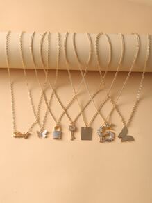 17KM 7pcs Dragon & Butterfly Charm Necklace - Yellow Gold - View 1