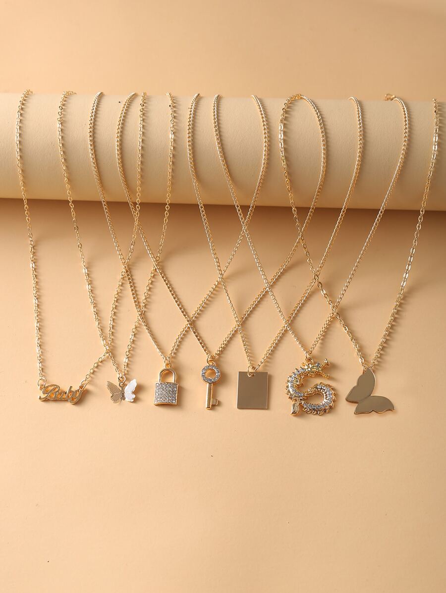 17KM 7pcs Dragon & Butterfly Charm Necklace - Yellow Gold - View 1