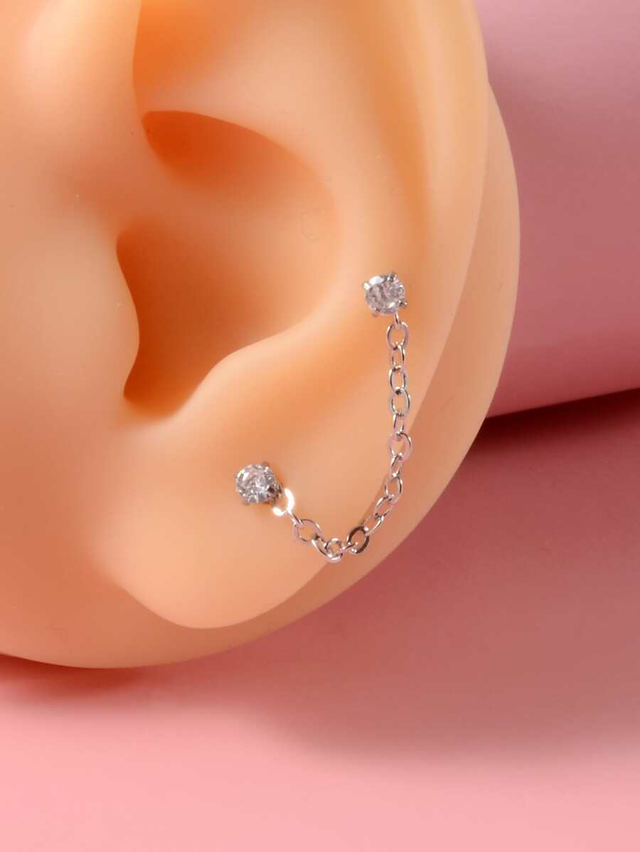 1pc Rhinestone & Chain Decor Earring - Bạc - Xem 1