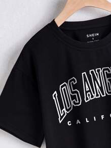 SHEIN EZwear Áo thun nữ Lá thư Giải trí - màu đen - Xem 3