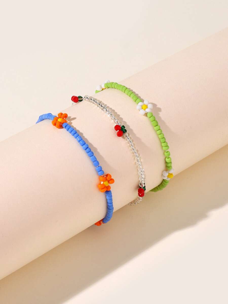 3入組花朵裝飾串珠手鏈 - 彩色 - 查看 1