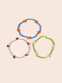 3入組花朵裝飾串珠手鏈 - 彩色 - 查看 3