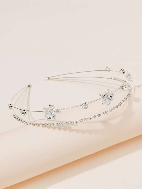 1pc Ladies' Silver-Tone Metal Flower & Rhinestone Decor Double Rows Headband Elegant,Gold Head Piece,Hairband,Hair Hoop Headbands