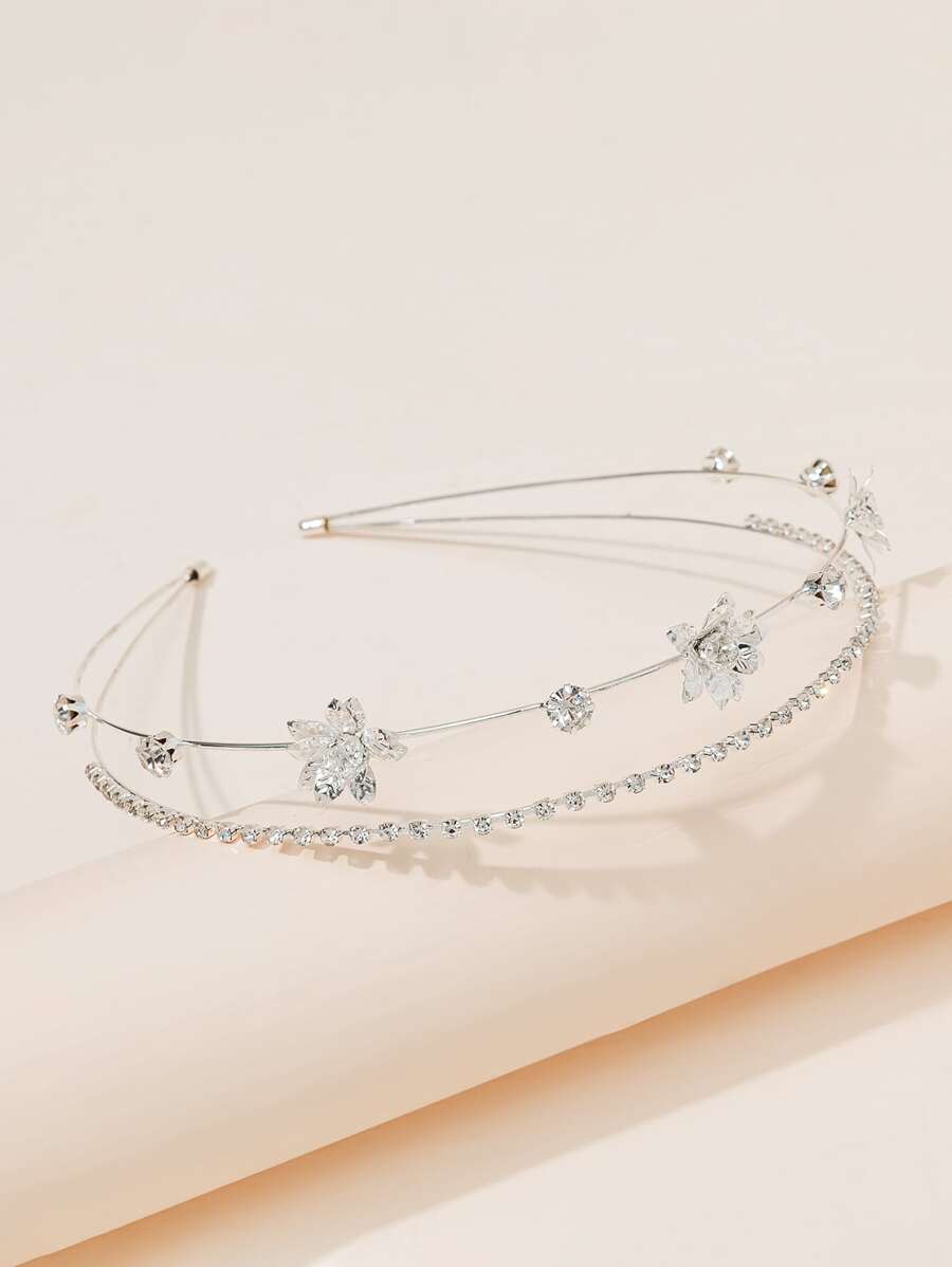 1 Băng đô trang trí hoa kim loại tông bạc & đá quý hai hàng thanh lịch dành cho nữ, phụ kiện đội đầu màu vàng, băng đô, băng đô vòng tóc - Bạc - Xem 1