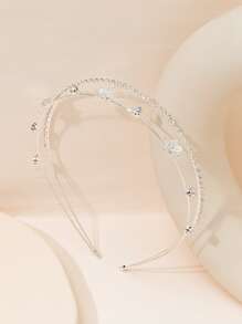 1 Băng đô trang trí hoa kim loại tông bạc & đá quý hai hàng thanh lịch dành cho nữ, phụ kiện đội đầu màu vàng, băng đô, băng đô vòng tóc - Bạc - Xem 2