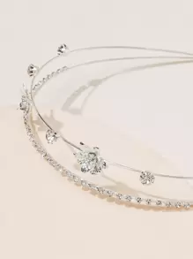 1 Băng đô trang trí hoa kim loại tông bạc & đá quý hai hàng thanh lịch dành cho nữ, phụ kiện đội đầu màu vàng, băng đô, băng đô vòng tóc - Bạc - Xem 3