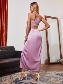SHEIN Belle 拼接睫毛蕾絲圍裹伴娘連衣裙 - 紫色 - 查看 1