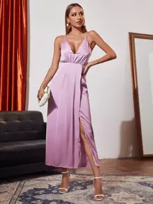 SHEIN Belle 拼接睫毛蕾絲圍裹伴娘連衣裙 - 紫色 - 查看 2