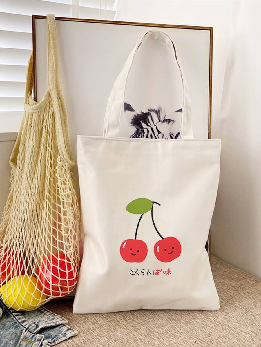 Cherry & Letter Graphic Shopper Bag - White - View 1