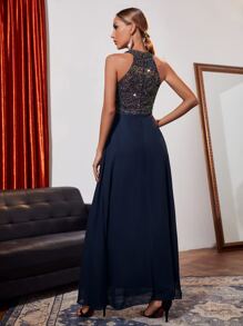 Modelyn Contrast Sequin Halter Bridesmaid Dress, Formal Evening Prom Gown, For Wedding Guest, Graduation, Dinner, Party Dress - Navy Blue - View 2