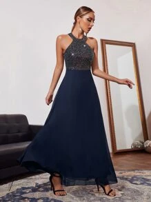 Modelyn Contrast Sequin Halter Bridesmaid Dress, Formal Evening Prom Gown, For Wedding Guest, Graduation, Dinner, Party Dress - Navy Blue - View 3