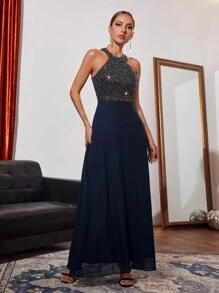 Modelyn Contrast Sequin Halter Bridesmaid Dress, Formal Evening Prom Gown, For Wedding Guest, Graduation, Dinner, Party Dress - Navy Blue - View 4