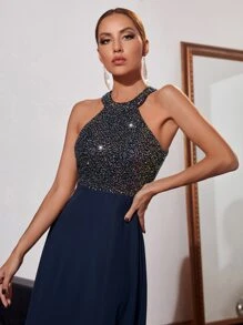 Modelyn Contrast Sequin Halter Bridesmaid Dress, Formal Evening Prom Gown, For Wedding Guest, Graduation, Dinner, Party Dress - Navy Blue - View 5