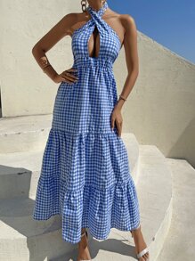 Đầm Lộ Lưng Viên lá sen Buộc lại Kẻ sọc Boho - Xanh và trắng - Xem 1