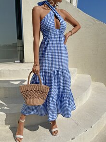 Đầm Lộ Lưng Viên lá sen Buộc lại Kẻ sọc Boho - Xanh và trắng - Xem 6