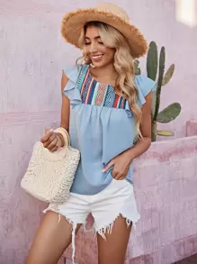 Geo Pattern Ruffle Trim Top - Baby Blue - View 1