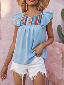 Geo Pattern Ruffle Trim Top - Baby Blue - View 5