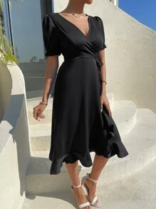 SHEIN Unity Vestido de manga farol con nudo lateral ribete con fruncido - Negro - Ver 6