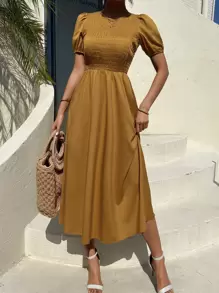 SHEIN VCAY Shirred Bodice Puff Sleeve Dress - Brown - View 1