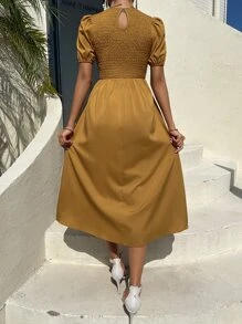 SHEIN VCAY Shirred Bodice Puff Sleeve Dress - Brown - View 2