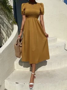 SHEIN VCAY Shirred Bodice Puff Sleeve Dress - Brown - View 3