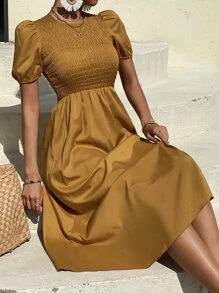 SHEIN VCAY Shirred Bodice Puff Sleeve Dress - Brown - View 4